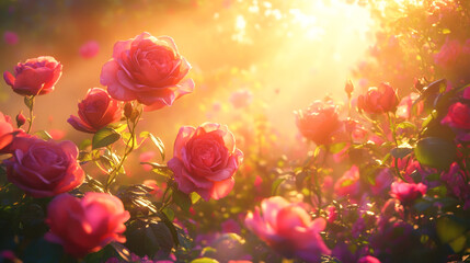 Fototapeta premium Lush morning roses in sunlit garden glow