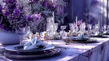Explore a stunning table arrangement with purple florals, fine glassware, and exquisite dinnerware designed for a memorable event