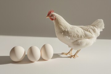 Close-up details of a chicken standing near fresh eggs on a bright white background with soft sunlight.