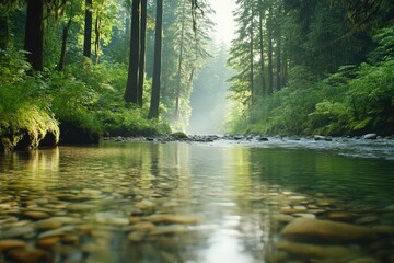 Serene forest scene with reflective river, sunlight filtering th