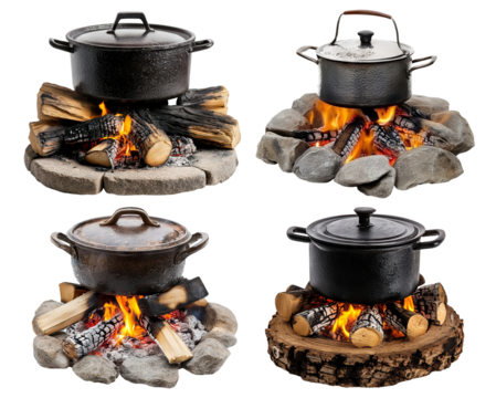 Set of rustic cooking pots on open firewood campfires, isolated on transparent cutout background