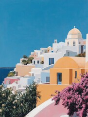 Fototapeta premium Charming coastal village with whitewashed buildings, colorful do