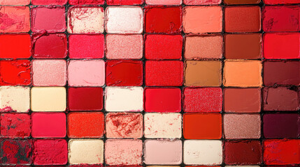 Vibrant palette of assorted red and pink lipstick shades in square patterns