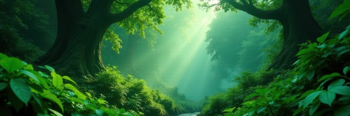 Dense emerald canopy, steamy air, lush undergrowth, sunbeams, wildlife habitat