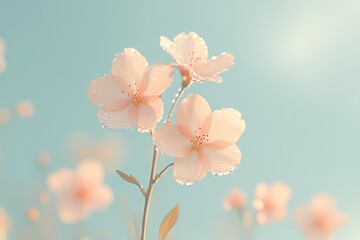Fototapeta premium Delicate pink flowers adorned with dew glisten under soft blue s