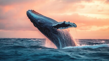 Fototapeta premium Whale leaps from ocean at sunrise