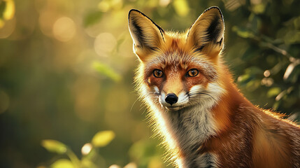 Majestic fox with fiery orange fur in glowing forest setting