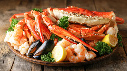 Delicious seafood platter with crab, shrimp, mussels, and lemon garnish