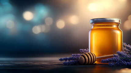 A beautifully lit jar of honey with lavender, showcasing its rich color and natural texture, perfect for culinary compositions.