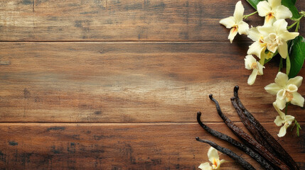 Fototapeta premium Vanilla beans and white flowers on rustic wooden background