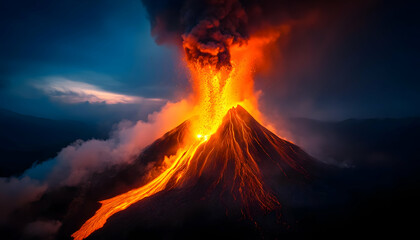 A breathtaking view of a volcanic eruption, showcasing fiery lava, smoke, and dramatic cloud formations in a stunning landscape.