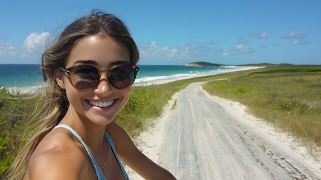 Joyful woman cycling along a scenic coastal road in the sun. Generative AI - Powered by Adobe