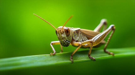 Fototapeta premium A close-up image of a grasshopper perched on a green blade of grass, showcasing its intricate details and vibrant colors.