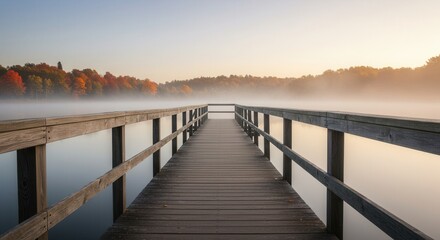 Obraz premium Wooden Pier Leading Into Misty Lake with Fall Foliage Backdrop