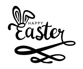 Happy Easter hand writing lettering with bunny ears. Modern black vector brush calligraphy banner with swashes on transparent background. Easter font design for holiday greeting card, banner, invite