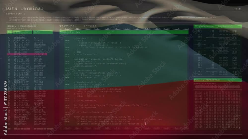 Poster waving russian flag with animation of computer code and data terminal interface