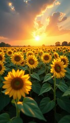 Sunflowers stretching towards the sun, massive field , botanical, rustic, vibrant