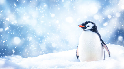 Fototapeta premium Gentoo penguin in snowy antarctic landscape with falling snowflakes