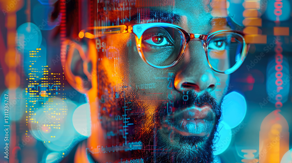 Poster an introspective individual with glasses observes dynamic and colorful data streams, illustrating th