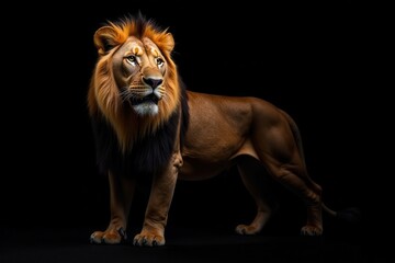 Obraz premium Majestic lion, isolated on pure black background, darkness, big cat