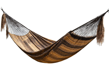 Brown and Beige Woven Hammock Hanging Against Transparent Background