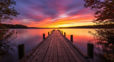 Wooden Pier Leading to Lake Reflecting Colorful Sunset Sky