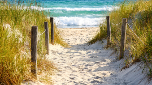 Serene sandy pathway leading to ocean waves through dunes and grassy landscape
