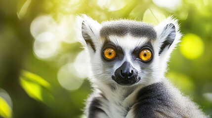 Obraz premium Majestic lemur with bright amber eyes glowing in sunlight