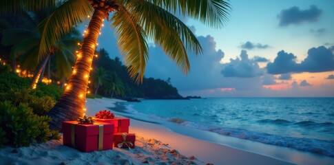 Fototapeta premium Palm tree adorned with Christmas lights, gifts on a tropical beach , gift boxes, summer christmas