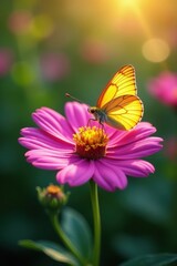 Fototapeta premium Delicate butterfly perched on vibrant wildflower, sunlight dappled petals , image, photography