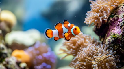 Clownfish in Aquarium Tank, Coral Reef Background