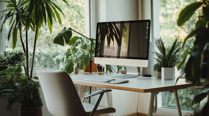 Fototapeta premium Modern Work-from-Home Setup with Desktop Computer and Indoor Plants