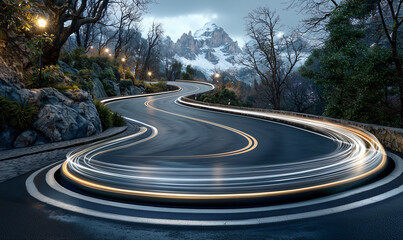 Fototapeta premium Winding Road: A scenic asphalt road curves gracefully through a mountainous landscape, illuminated by the soft glow of streetlights, inviting viewers to explore the open road.