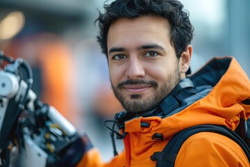 A young Hispanic man in an orange jacket smiles confidently while holding a robotic arm.