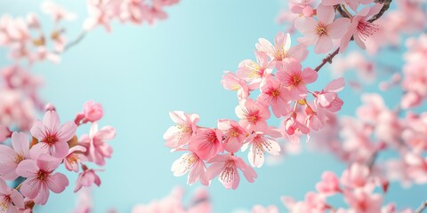 Obraz premium Delicate cherry blossoms in soft pink hues, set against a gentle blue backdrop, embody the beauty of spring.