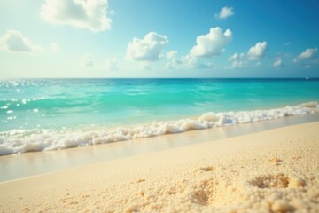 Obraz premium Golden sand, blurred turquoise ocean Sun-kissed shore , waves, relaxation, coastal