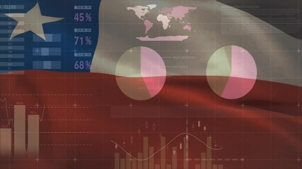 Animation of Chilean flag with financial charts and world map in background - Powered by Adobe