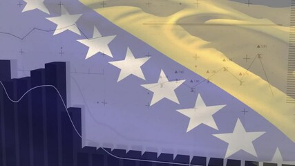Bosnia and Herzegovina flag overlaying animation of financial data charts in school - Powered by Adobe