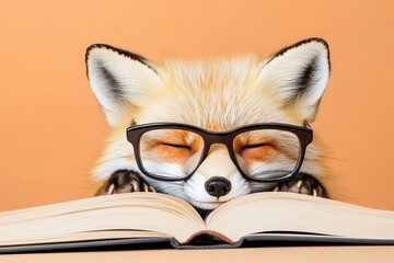 Adorable Fox Asleep On Book Wearing Geek Glasses