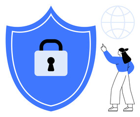 Fototapeta premium Large blue shield and padlock represent cybersecurity and privacy. Woman pointing at globe indicates global connection. Ideal for online safety, data protection, cybersecurity, encryption, digital
