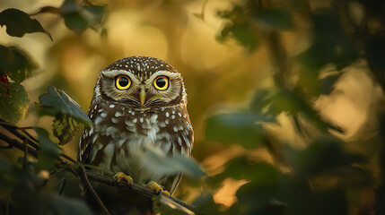 Obraz premium Majestic little owl with piercing yellow eyes in forest setting