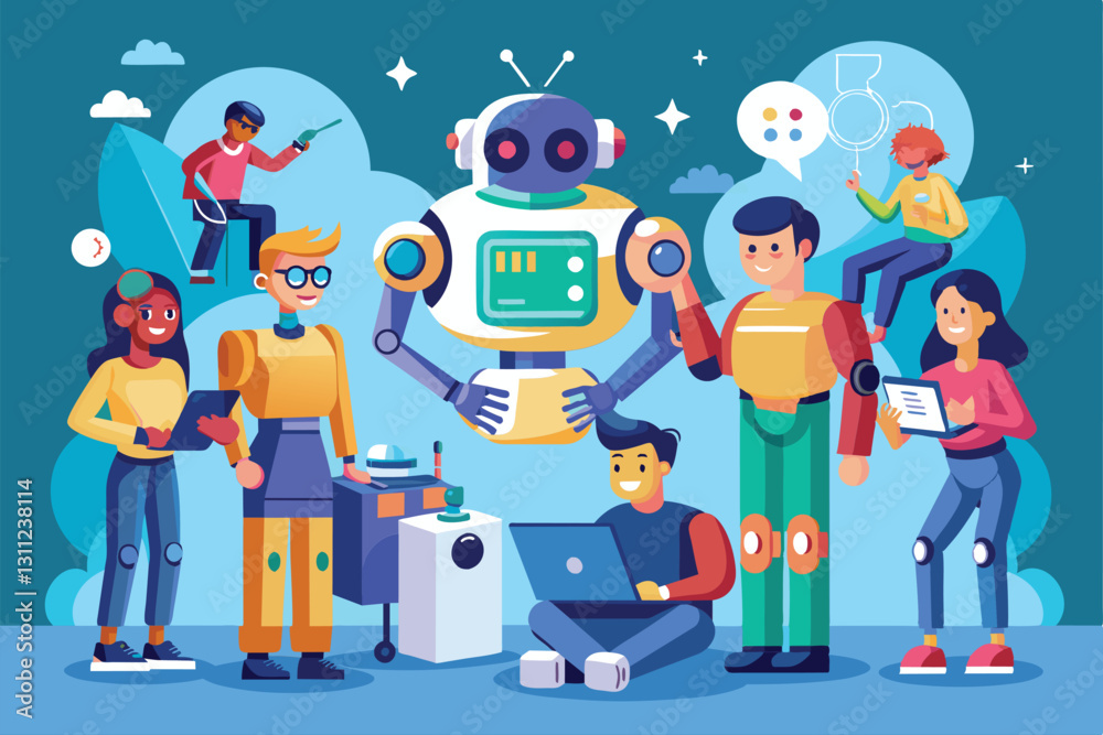 Poster a diverse group of people engages with customizable robots in a creative and innovative workspace, p