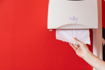 A person is holding a white paper towel dispenser