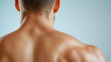 Naklejka premium A close-up view of a muscular man's back, showcasing strength and fitness, ideal for health and wellness topics.