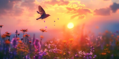 Fototapeta premium A serene sunset scene with a bird flying over vibrant wildflowers, creating a peaceful moment in nature.