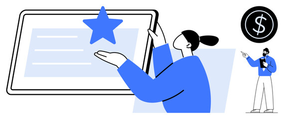 Person presenting star rating on a digital tablet with a dollar icon and presenter. Ideal for feedback, quality assessment, digital content, customer reviews, evaluation, success, flat simple