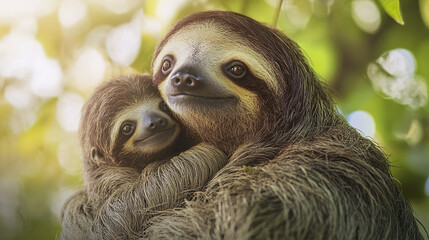 Mother sloth cradling her baby in lush forest setting