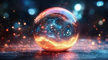 Glowing sphere with fiery, cosmic energy inside, bokeh background. Perfect for illustrating concepts like innovation, technology, or the universe.