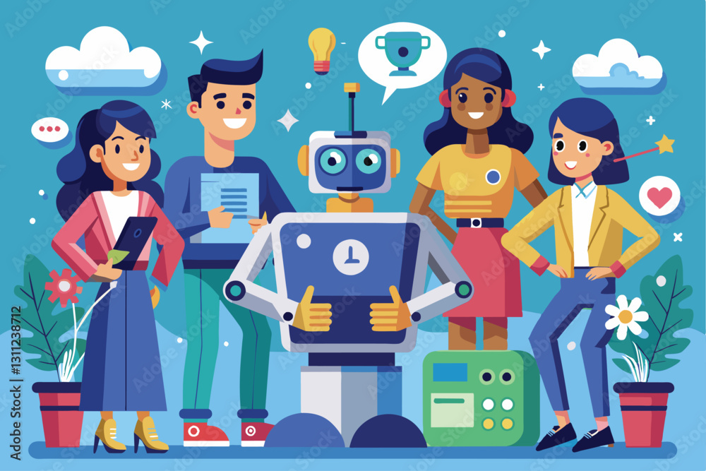 Poster a group of four individuals interacts with customizable robots in a colorful, friendly setting, peop