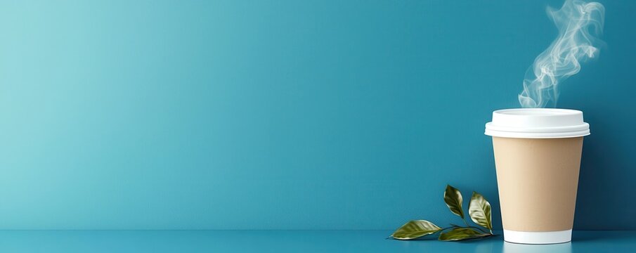 Steaming hot coffee cup placed on a desk in a cozy workspace environment surrounded by fresh green plant leaves creating a tranquil and refreshing atmosphere for a productive break or creative pause